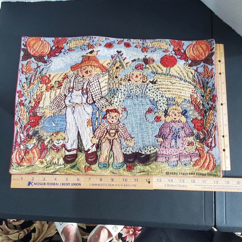 4 Scarecrow Placemats By Grigs Fall Autumn Pumpkins Dog Tapestry Cute 2001 Vtg